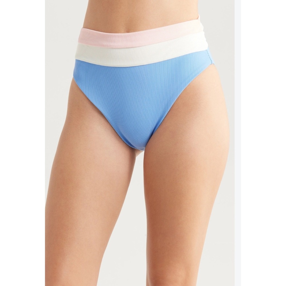 NEW Beach Riot Heidi Colorblock High Waist Bikini Bottoms Blue Pink Ribbed XL